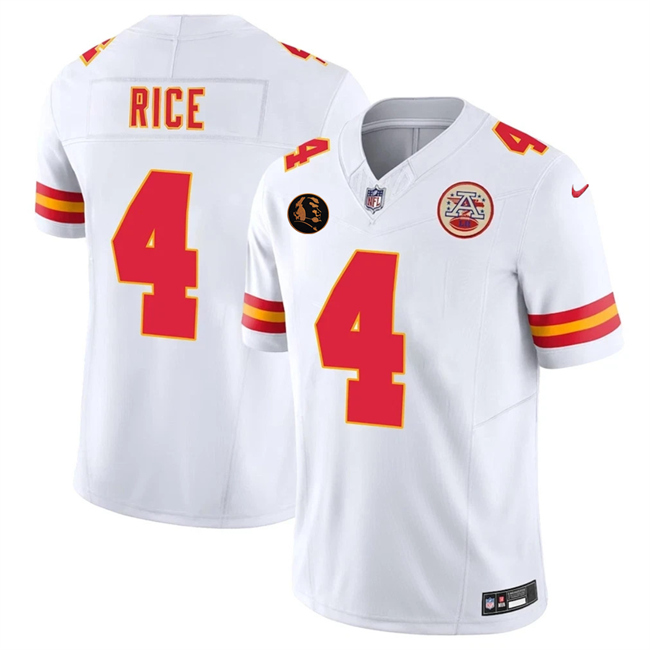 Men’s Kansas City Chiefs #4 Rashee Rice White 2025 F.U.S.E. John Madden Patch Vapor Untouchable Limited Stitched Football Jersey